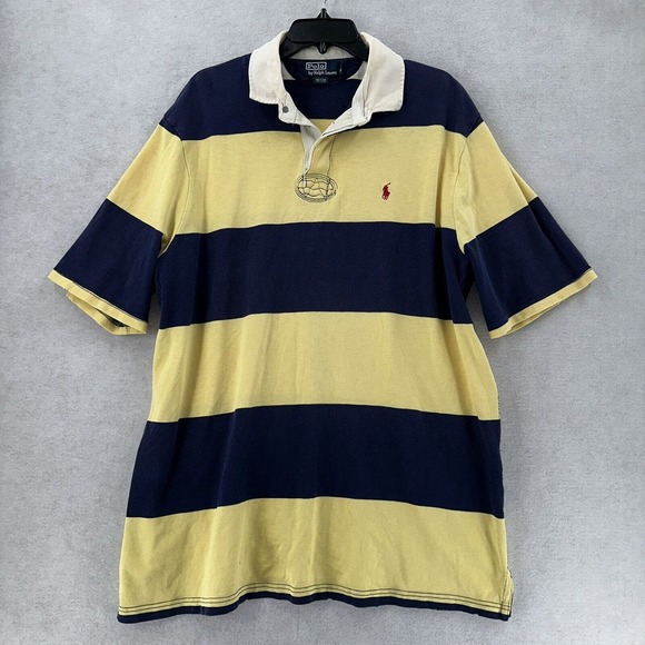 VINTAGE‎ Mens Polo Ralph Lauren Rugby Blue Yellow Striped Polo Shirt Size XL - Picture 1 of 13
